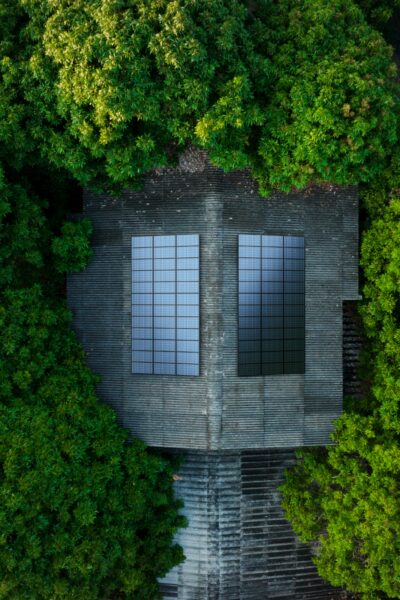 Solárne panely na dome v lese
